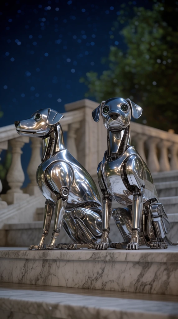 two shiny metallic robotic dogs sitting on a veined marble staircase, highly polished chrome bodies reflecting the environment, articulated mechanical joints, glassy eyes, one dog in profile facing left, the other looking forward, ornate stone balustrade, deep blue night sky with glowing stars and soft bokeh, blurred green tree foliage, photorealistic 3D render, cinematic night lighting, shallow depth of field