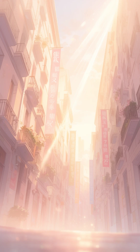 Narrow city street between tall buildings, soft anime illustration, warm golden hour sunlight streaming down, glowing light rays, hazy ethereal atmosphere, pastel pink and cream palette, balconies, vertical hanging banners, low angle