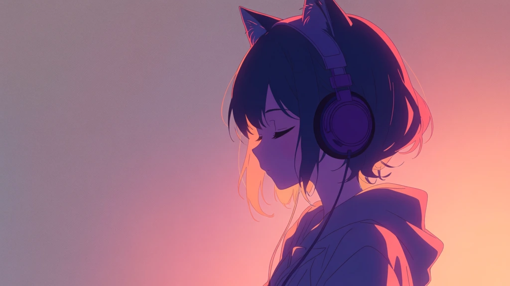 A stylized anime portrait shows a young cat-eared girl in profile on the right side of the frame, eyes closed and head tilted slightly upward, wearing large over-ear headphones as if quietly absorbed in music against a warm, empty sunset-like gradient. Digital illustration, anime portrait, minimalist character art, clean linework, cel-shaded rendering, soft gradient background, synthwave-adjacent mood, contemplative, serene, dreamy, elegant, medium visual complexity, strong negative space, side-profile composition, crisp contour lines, subtle rim lighting, poster-like clarity, visually adjacent to artists and styles such as redjuice, loundraw, and modern anime key visual art, palette of peach, apricot, dusty rose, mauve, violet, plum, deep maroon, and coral-orange highlights, low-noise, no visible camera settings due to illustration, no photographic grain, no motion blur, high contrast between silhouette and background, smooth tonal transitions. The background fills the entire image with a left-to-right gradient shifting from muted mauve and dusty pink on the far left to a brighter peach-orange glow behind the character on the right, creating a halo effect around her outline. The figure occupies roughly the right third of the image, facing left. Her face is shown in sharp side profile near the upper-right quadrant: closed eye with long dark lash line, small nose, softly parted lips, and a calm expression. Short, layered bob hair falls around her jaw and neck, with loose strands lifting slightly near the forehead and nape. Two cat ears rise from the top of her head, one fully visible near the upper-right corner and the other partially hidden behind the headphone band. The headphones are large, circular, and dark plum, centered over her ear, with a thick headband arching over the crown. A cord descends from the earcup diagonally downward toward the lower center edge. Her neck and lower face are in deep violet shadow, edged by vivid coral rim light along the chin, throat, shoulder, and outer hair strands. She wears a loose hoodie visible in the lower-right quadrant, its folds outlined with sparse sketch-like lines and glowing orange-pink edges. The left two-thirds of the image remain empty, emphasizing stillness and the sense that she is listening inward.
