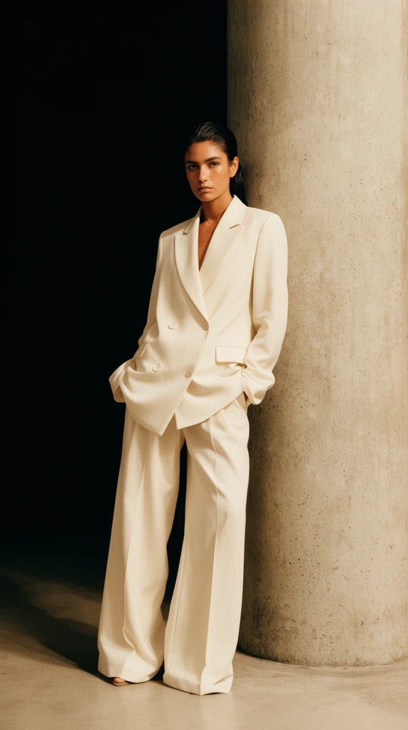 woman with dark slicked-back hair in an oversized off-white double-breasted suit with wide trousers, leaning against a massive cylindrical concrete pillar, stark split background with solid pitch black on the left and textured concrete on the right, minimalist fashion editorial portrait, warm directional lighting, high contrast