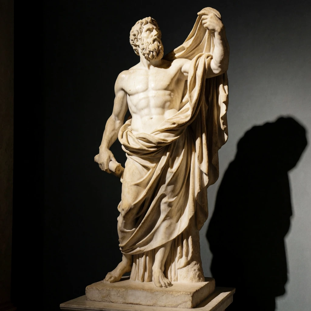 A classical marble statue of a muscular, bearded man... | Krea