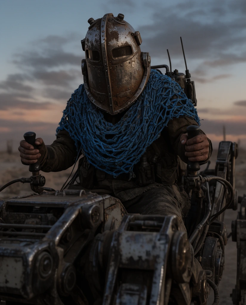 wasteland scavenger riding a mechanical walker, iron diving bell helmet, thick blue netting, grasping control levers, dusk sky background, low angle, cinematic lighting, gritty survivalist aesthetic