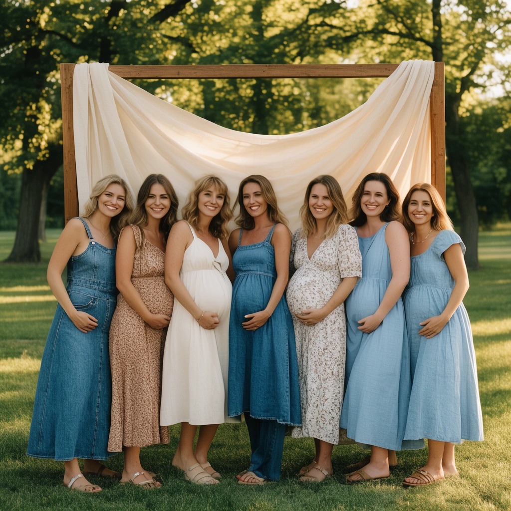 seven smiling women posing together, three visibly pregnant, casual summer dresses and denim, before a wooden frame with draped fabric, green park setting, warm afternoon sunlight, full body portrait