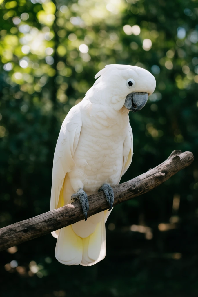 white cockatoo perched on a diagonal bare wooden branch, head tilted downward, bright white plumage with pale yellow tail undertones, dark grey curved beak, textured feet gripping rough wood, heavily blurred dark green forest background, bright circular bokeh, natural dappled sunlight, wildlife photography