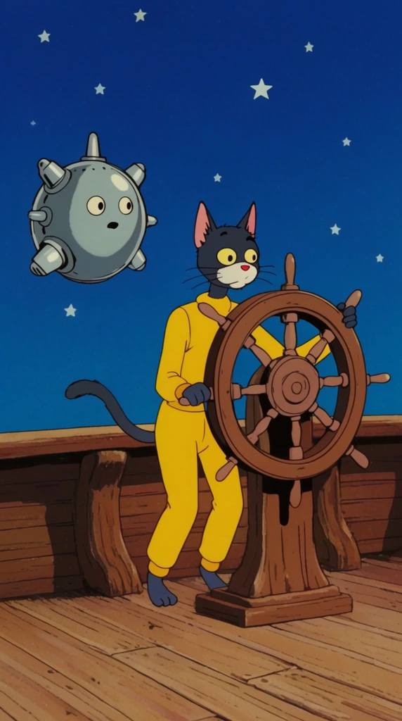 lanky anthropomorphic cat in yellow jumpsuit, steering wooden ship wheel, floating metallic orb companion, wooden deck, blue night sky with flat stars, retro 2D cel animation