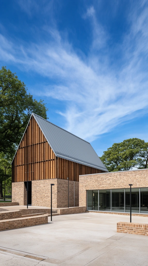 Modern brick architectural complex under a bright blue sky with wispy clouds. A main building features a steep gray metal roof, vertical wooden facade slats, and a light brown brick base. A connected flat-roofed wing extends right with large floor-to-ceiling glass windows. The foreground contains a flat concrete courtyard, low brick retaining walls, and black light poles. Mature green trees flank the structures. Architectural photography, wide perspective, bright natural daylight, sharp textures.