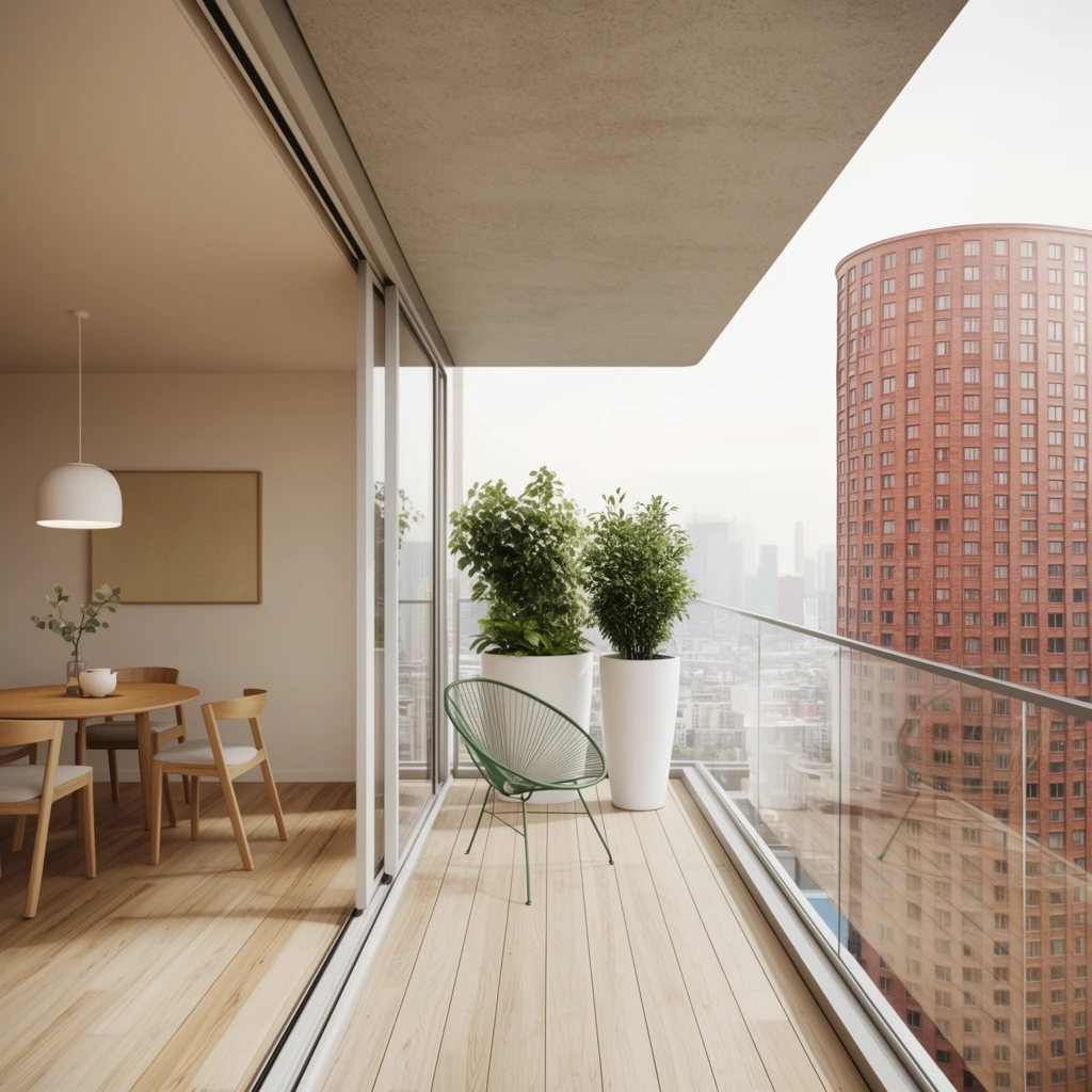 A modern open-plan apartment seamlessly transitions onto a balcony overlooking a hazy urban skyline. Light wood flooring extends from an interior dining area featuring a round wooden table, four chairs, and a white pendant lamp, through fully opened glass doors. The outdoor deck holds a minimalist green wire-frame chair, tall white planters with lush green foliage, and a transparent glass railing. A massive curved brick-red high-rise building dominates the background cityscape. The scene is a photorealistic architectural visualization with soft diffused daylight and a warm neutral palette.