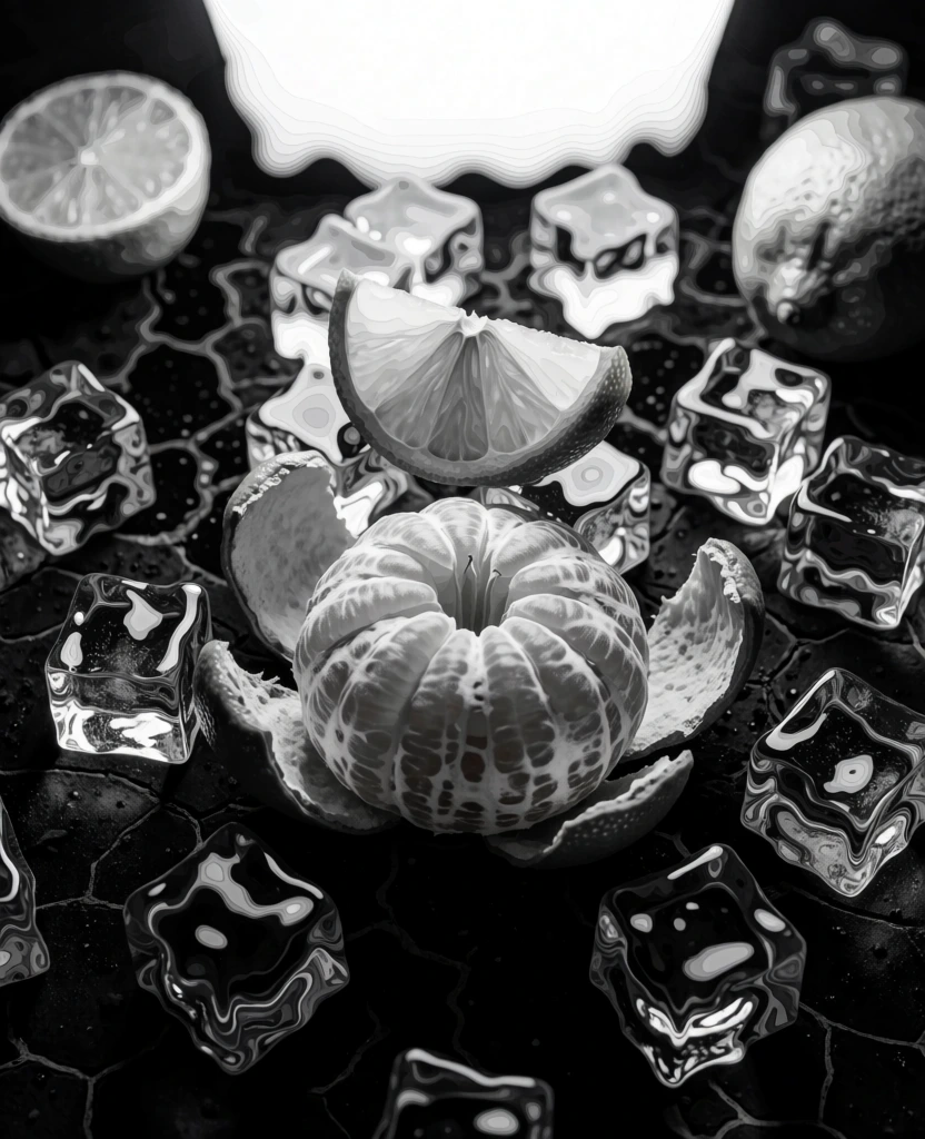 scattered ice cubes surrounding a peeled mandarin and citrus wedge, background lime half and unpeeled citrus, rendered in high-contrast monochrome with dense topographical contour lines, psychedelic liquid distortion aesthetic, swirling wood-grain textures following the fruit forms, stark white blown-out top lighting, deep black bottom shadows, fine undulating line-work, surreal fluid dynamics, organic ripple patterns, solarized edges, abstract digital linocut style.