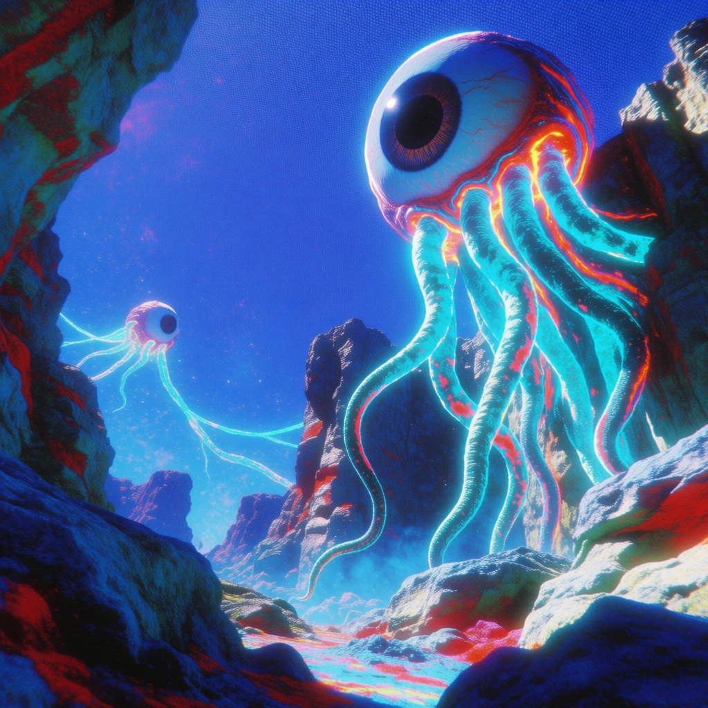 extreme low-angle perspective of a colossal floating eye creature with writhing tentacles hovering over a jagged rocky wasteland, another smaller eye creature drifting in the deep background left, hyper-saturated ultramarine blue sky, neon cyan and vibrant orange-red glowing accents, heavy analog film grain with halftone noise and bitcrushed dithered textures, chromatic aberration, dreamcore aesthetic, 90s digital lo-fi rendering, high-contrast glow, surreal cosmic atmosphere
