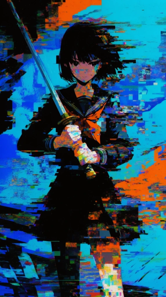 A girl holding a sword rendered in a highly saturated digital glitch art style. She stands centrally gripping the weapon, her silhouette fragmented by severe digital artifacts and blocky corruption. The environment is an abstract composition of jagged digital tears and pixel-sorted textures. The color palette features intense neon cyan, electric blue, vibrant orange, and stark black. Extreme databending and sharp horizontal and vertical digital smearing distort the entire scene, creating a high-contrast aesthetic with prominent visual noise on the central figure.
