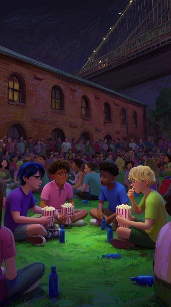 A group of teenagers sits on a grassy lawn at night, eating popcorn within a large crowd at an outdoor gathering. In the vibrant green-lit foreground, four youths socialize: a teen with dark blue hair in a purple t-shirt holds a striped popcorn bucket next to a curly-haired youth in a pink polo, while a teen in a blue shirt looks toward a blonde youth snacking from a red-and-white popcorn container. A densely packed audience sits around them among scattered blue bottles. A heavily textured brick building with arched windows forms the midground, with a massive bridge looming in the upper right. The 3D animated medium blends seamlessly with hand-drawn 2D aesthetics, featuring rough painterly brushstrokes, chaotic scribbled linework in the dark sky, and a moody color palette of vivid greens, deep purples, and midnight blues.
