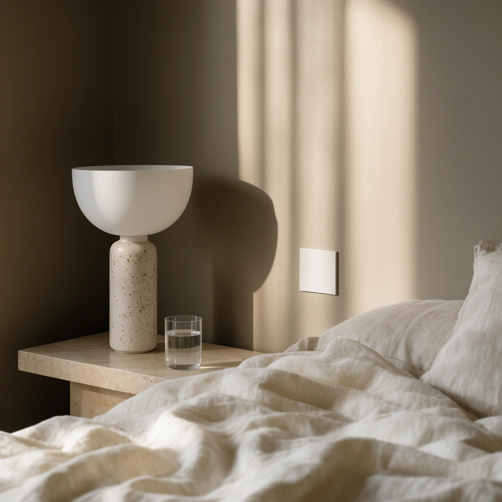 A minimalist interior corner bathed in warm sunlight casting soft vertical shadows across a taupe wall. A low beige stone bedside table holds a lamp with a white bowl shade and speckled base, alongside a clear glass of water. A white square wall plate sits within the illuminated patch. In the foreground, a bed is draped in rumpled cream linen. The serene architectural composition emphasizes soft organic textures and an earthy color palette.