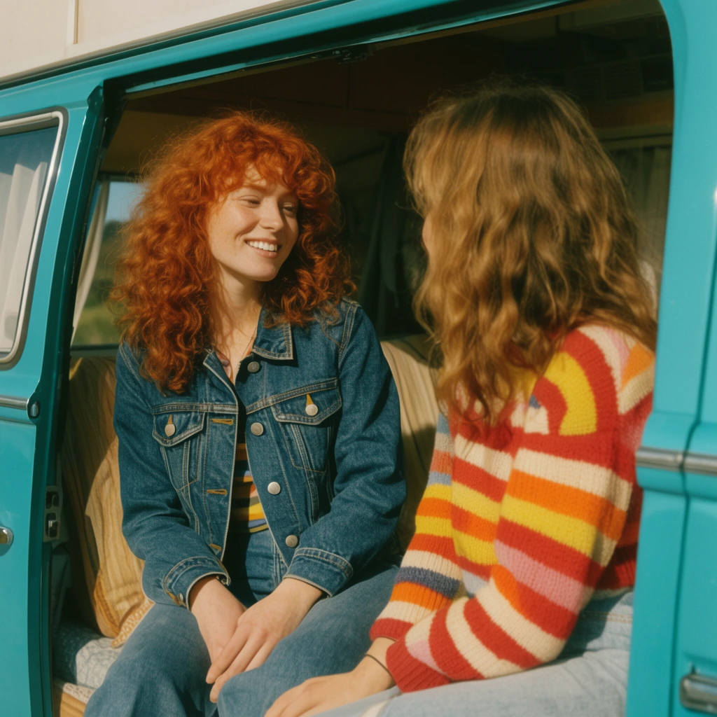 red-haired woman with curly hair in a denim jacket, sitting in a retro turquoise camper van, bright afternoon sunlight, smiling at a female companion in a striped sweater, 1970s analog film aesthetic, warm color palette