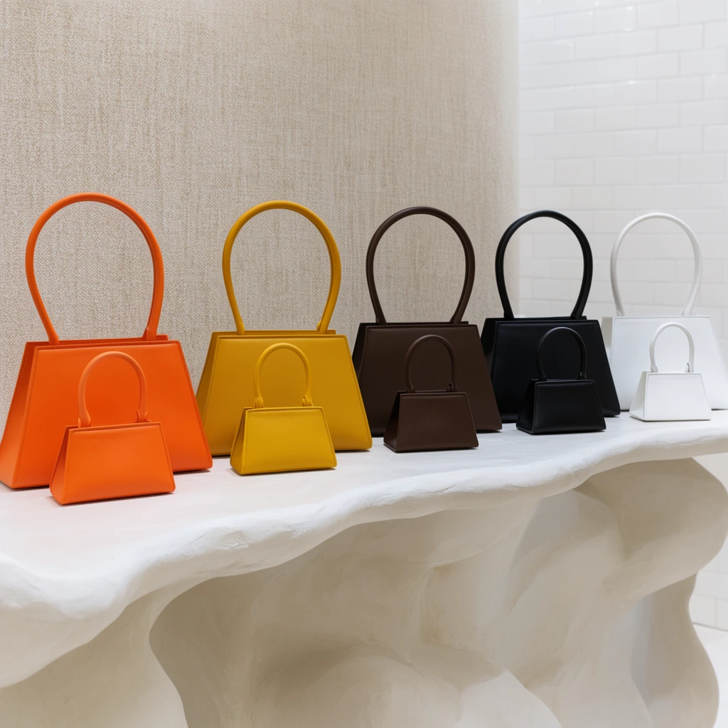 structured trapezoidal handbags with exaggerated arched top handles arranged in color-matched pairs, miniature bags positioned in front of larger counterparts, sequence of vibrant orange, mustard yellow, dark chocolate brown, jet black, pristine white sculpted plaster shelf with organic undulating curves, textured beige backdrop, minimalist contemporary retail display, bright even lighting, white rectangular wall tiles