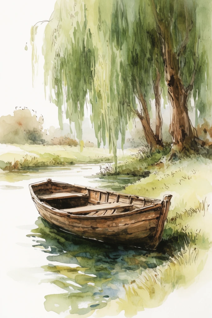 A rustic wooden rowboat floats near the grassy bank of a gentle stream under the cascading branches of weeping willow trees. The weathered brown vessel, defined by visible wooden planks and empty cross seats, rests in shallow water, casting rippled dark green and blue reflections. On the right bank, textured brown tree trunks support heavy, drooping green canopies that sweep toward the water. The landscape features soft, pale green and yellow grassy patches fading into distant muted bushes. Rendered in a loose watercolor and ink wash style, the artwork employs fluid brushstrokes and delicate pen outlines. An earthy palette of ochre, sap green, and umber contrasts with exposed white paper serving as bright natural highlights and open sky, creating a tranquil, airy aesthetic.