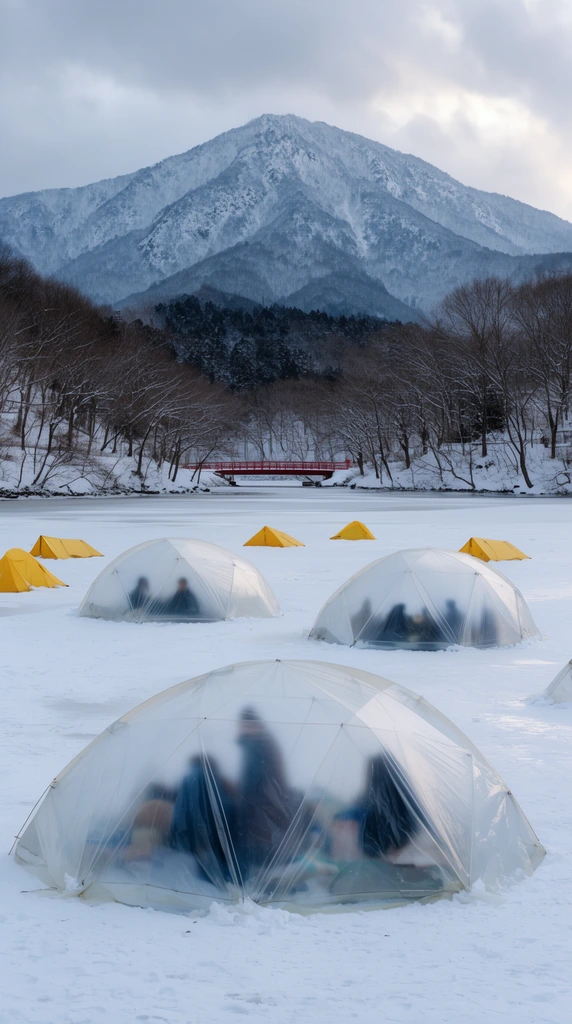 translucent plastic dome tents on a snow-covered frozen lake, blurred figures visible inside, scattered yellow tents, distant red bridge, bare winter trees, snow-dusted mountain peak, overcast sky, wide-angle landscape photography