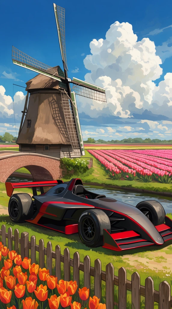 sleek open-cockpit aerodynamic racing car, matte charcoal body with vivid crimson accents, wide racing tires, parked on a grassy path beside a brick-arched canal bridge, towering traditional wooden windmill with a thatched roof and lattice sails, expansive fields of blooming tulips in straight rows of orange and pink, wooden picket fence in foreground, bright sunny day, vast blue sky with massive billowing cumulus clouds, vibrant stylized digital painting, crisp linework, saturated colors