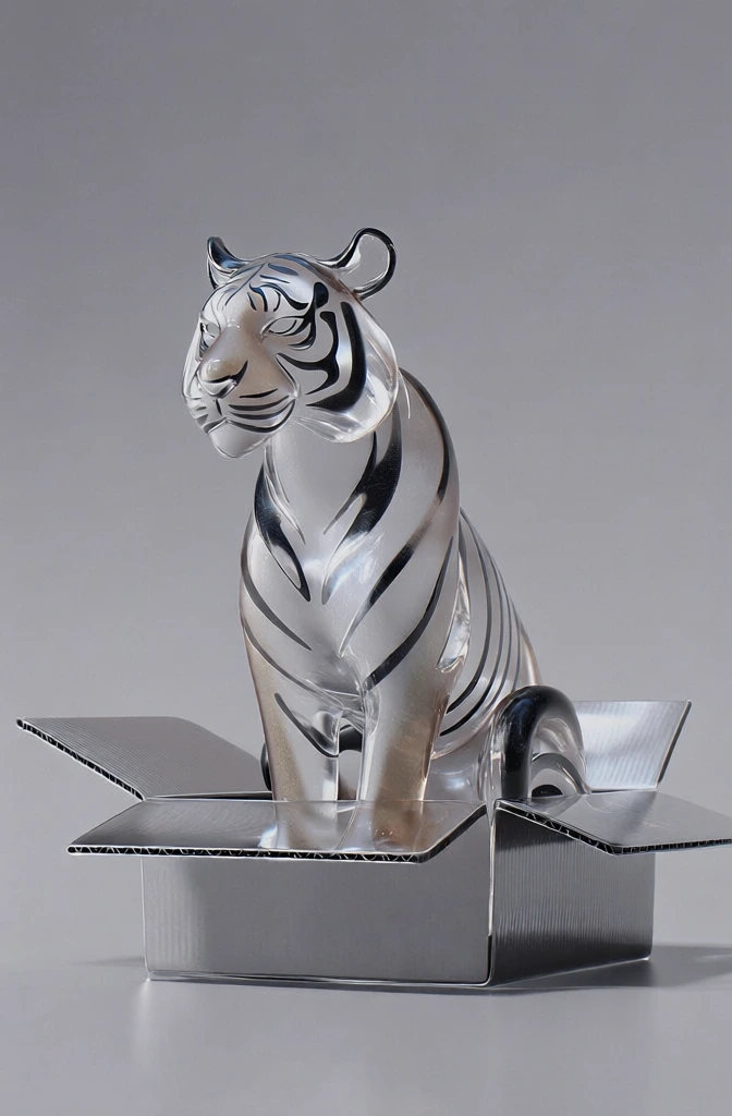 majestic tiger sitting calmly inside an open cardboard box, minimalist studio setting, uniform neutral grey backdrop, soft directional lighting from the left creating subtle gradients and highlights, sharp focus on realistic fur patterns and corrugated cardboard texture, elegant centered composition, sophisticated high-end aesthetic, clean lines, professional product photography style, muted color palette, serene atmosphere, realistic soft shadows, minimalist visual language.