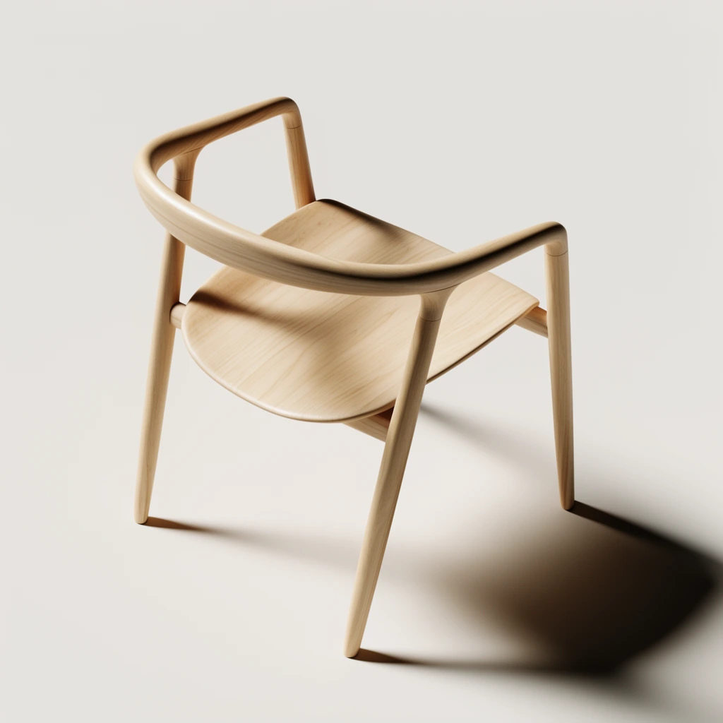 A minimalist light wood armchair viewed from a high angle against a plain off-white background. The design features a continuous curved backrest forming armrests, a slightly contoured seat, and tapered legs. Soft directional lighting casts a distinct shadow to the lower right, emphasizing the organic curves and subtle wood grain in a clean studio setting.