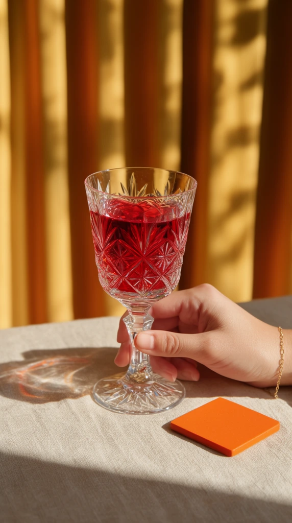 A delicate hand wearing a fine gold chain bracelet grips the stem of a vintage cut-crystal goblet filled with translucent ruby-red liquid. The intricate glass rests on a textured light beige linen tablecloth beside a small, solid orange square coaster. Strong, warm directional sunlight bathes the scene, casting a swirling caustic shadow from the crystal onto the fabric. The background features golden-yellow vertically draped panels catching dappled light and deep shadows, creating a rich, late-afternoon atmosphere. Sharp focus emphasizes the starburst patterns carved into the crystal, contrasting the smooth, vibrant warmth of the sunlit setting.
