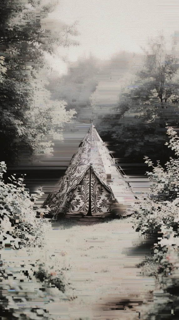 A single conical tent adorned with ornate leaf-like patterns stands centrally in a clearing surrounded by dense trees and foliage, rendered entirely in a heavily distorted digital glitch art aesthetic. The tent's conical structure and intricate botanical motifs are fragmented by intense horizontal pixel sorting, causing the dark structural details to smear and drag laterally across the frame. Surrounding the central clearing, the dense canopy of trees dissolves into hazy, abstract bands of muted grays, washed-out whites, and deep charcoal tones. Blocky, pixelated clusters scatter outward from the foliage and the base of the tent like corrupted digital static. The composition features a textured, canvas-like grain overlaid with aggressive datamoshed tracking errors, bleeding the sharp central focal point into a pale, heavily banded, desaturated environment. High-contrast subjects merge with sweeping, corrupted horizontal lines, defined by intentional digital decay, fragmented forms, and a bleak, hazy atmosphere.