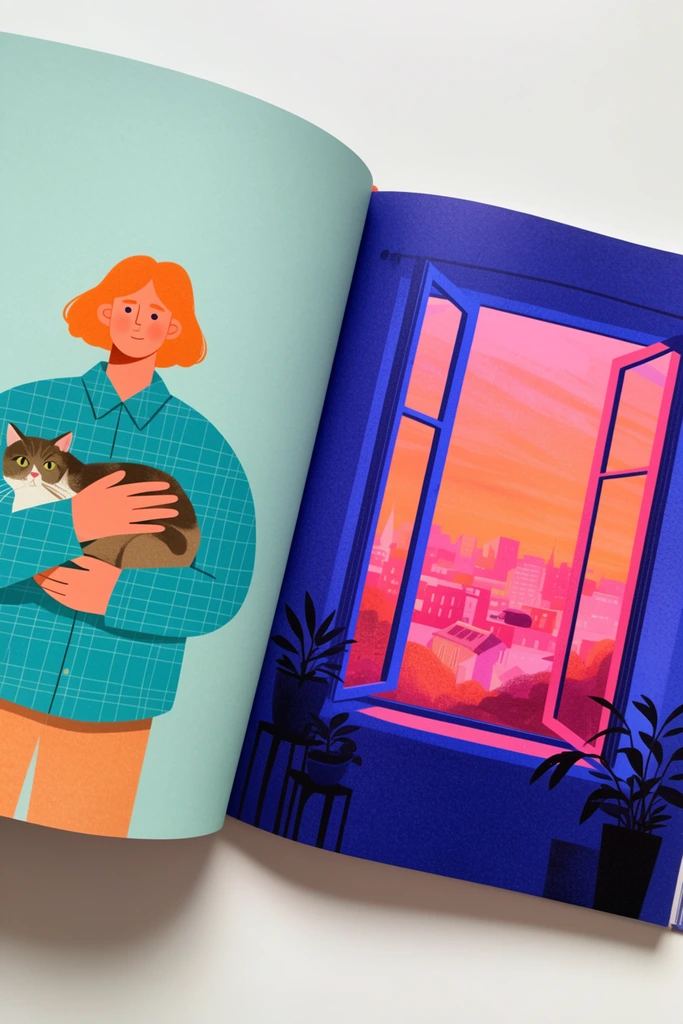 overhead view of an open illustrated book on a white surface, left page features a flat editorial illustration of a person with orange hair and teal checkered shirt holding a cat against a pastel teal background, right page shows an open window overlooking a vibrant pink and orange city sunset with a deep indigo blue interior and silhouetted potted plants, soft grainy textures, contrasting warm and cool tones, contemporary digital art style, crisp lighting, soft cast shadows
