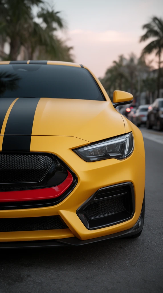 close-up low-angle of a matte yellow sports car, two black racing stripes on the hood, glossy black mesh grille with a red lower accent, angular LED headlights, aggressive front bumper with dark air intakes, tinted windshield, blurred street background featuring palm trees and other vehicles under a soft twilight sky, diffused automotive photography