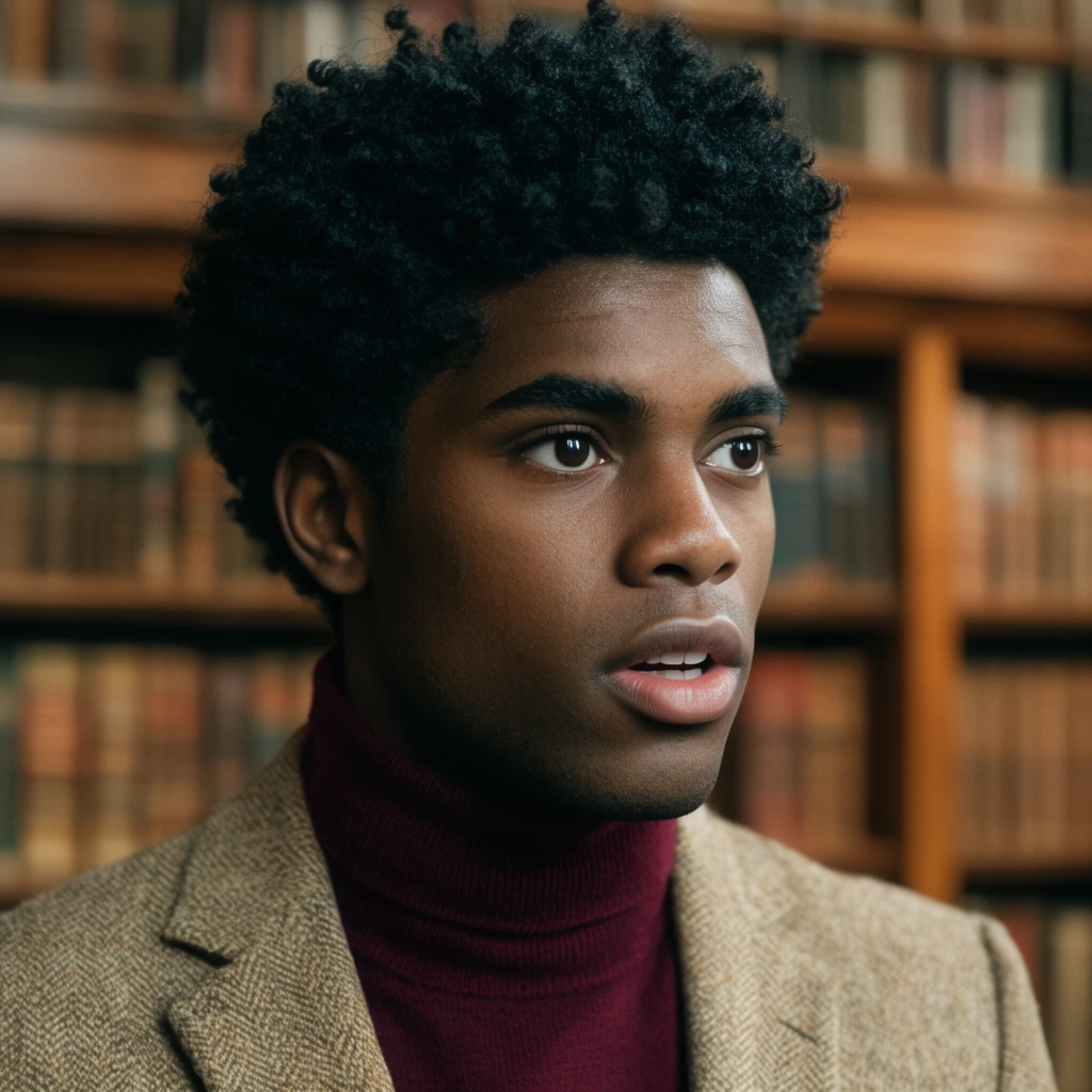 A cinematic close-up of a young Black man with thick curly hair in a tan tweed blazer and burgundy turtleneck. He looks intently off-camera right with parted lips. The blurred background features warm wooden library bookshelves, contrasting rich earth tones with the soft, focused lighting on his face.