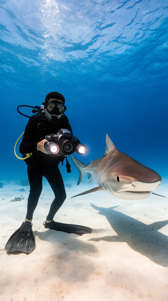 A scuba diver in a black wetsuit and fins stands on a white sandy seabed holding a dual-strobe underwater camera. A large tiger shark swims past from the right, casting a shadow on the sand. Sunlight filters through vibrant, clear blue ocean water in this wide-angle underwater photograph.