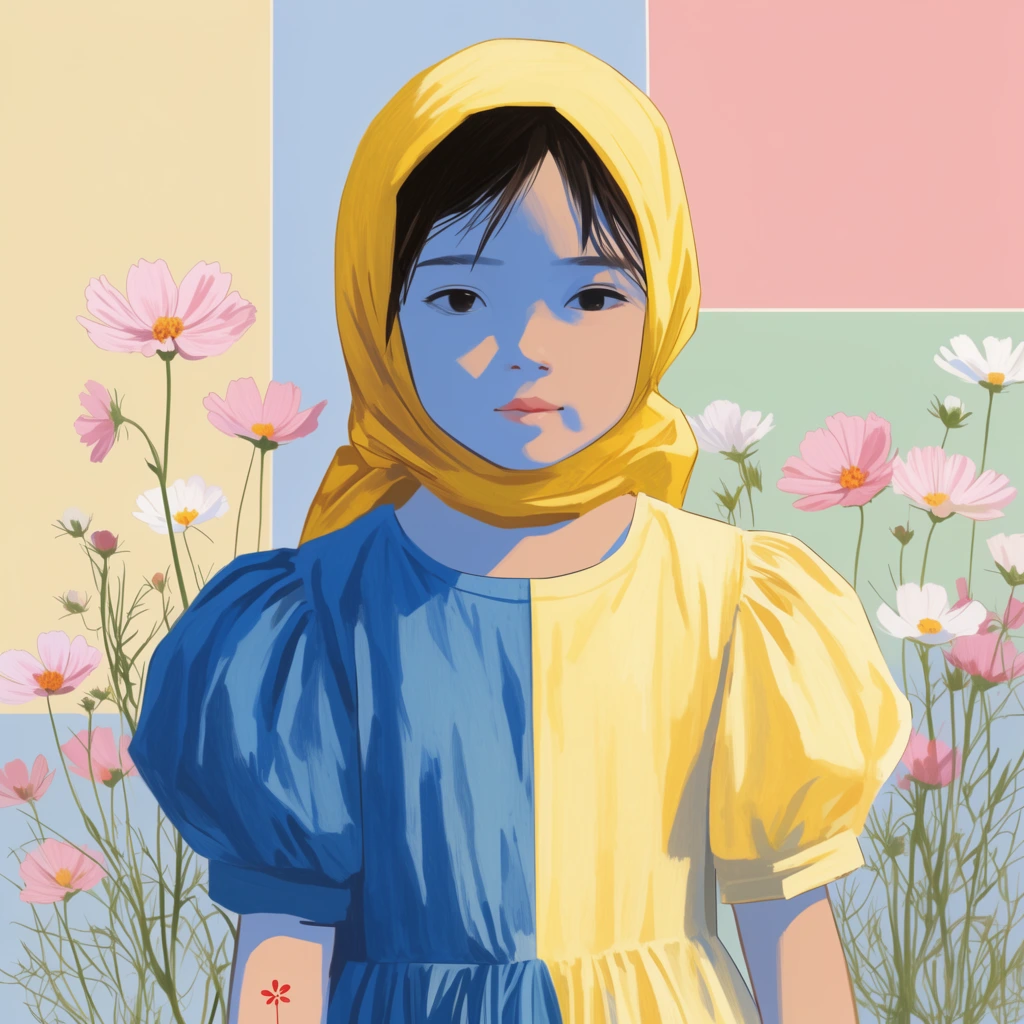 A graphic digital illustration of a young girl wearing a yellow headscarf and a split blue and yellow puffed-sleeve dress. Blue-tinted shadows sculpt her serene face. Delicate pink and white cosmos flowers surround her against a backdrop of flat, geometric pastel rectangles. The composition fuses soft painterly shading with crisp vector-like linework, complete with a tiny red floral mark on her forearm.