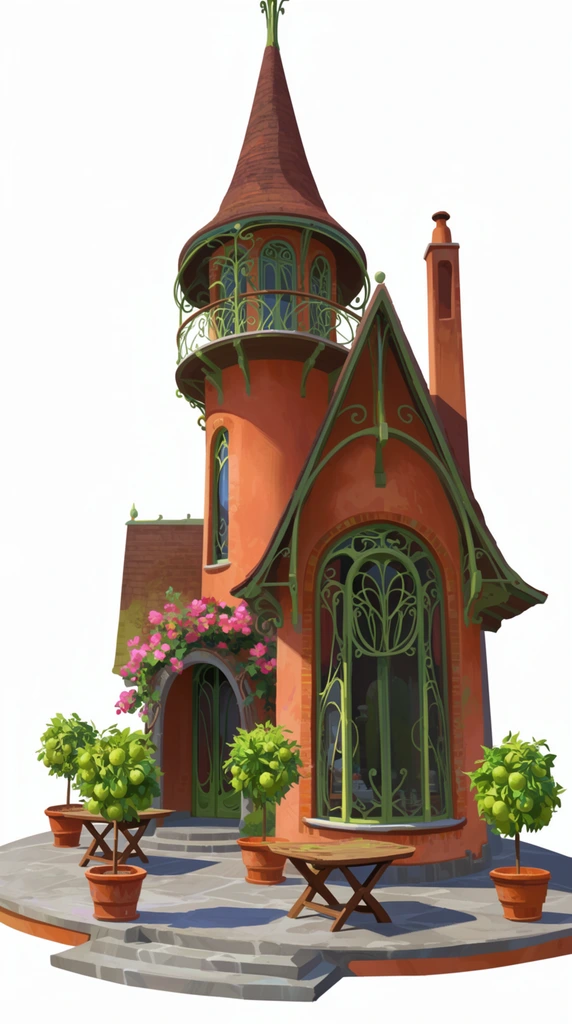 whimsical multi-level house concept art on a white background, terracotta walls, tall cylindrical tower with a conical roof and balcony, ornate green Art Nouveau metal tracery on large arched windows, steep gabled roof, tall chimney, grey stone patio, terracotta pots holding green fruit-bearing topiaries, pink flowering vines over an arched entrance, wooden patio tables, bright directional sunlight, sharp cast shadows, 2D digital illustration, vibrant painterly brushstrokes