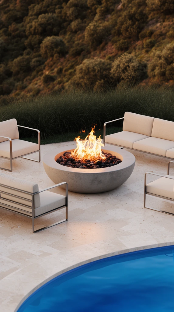 A large circular concrete fire pit with bright orange flames blazing over dark rocks anchors a modern outdoor lounge. Minimalist chairs and sofas with sleek metal frames and light beige cushions encircle the fire on a pale stone patio. The curved edge of a vibrant blue swimming pool is visible in the immediate foreground. Behind the seating area, tall dark green ornamental grasses transition into a steeply sloping, wooded hillside. Shot from a high angle in a photorealistic architectural style, the scene features soft, warm evening lighting that highlights the luxurious, tranquil ambiance.