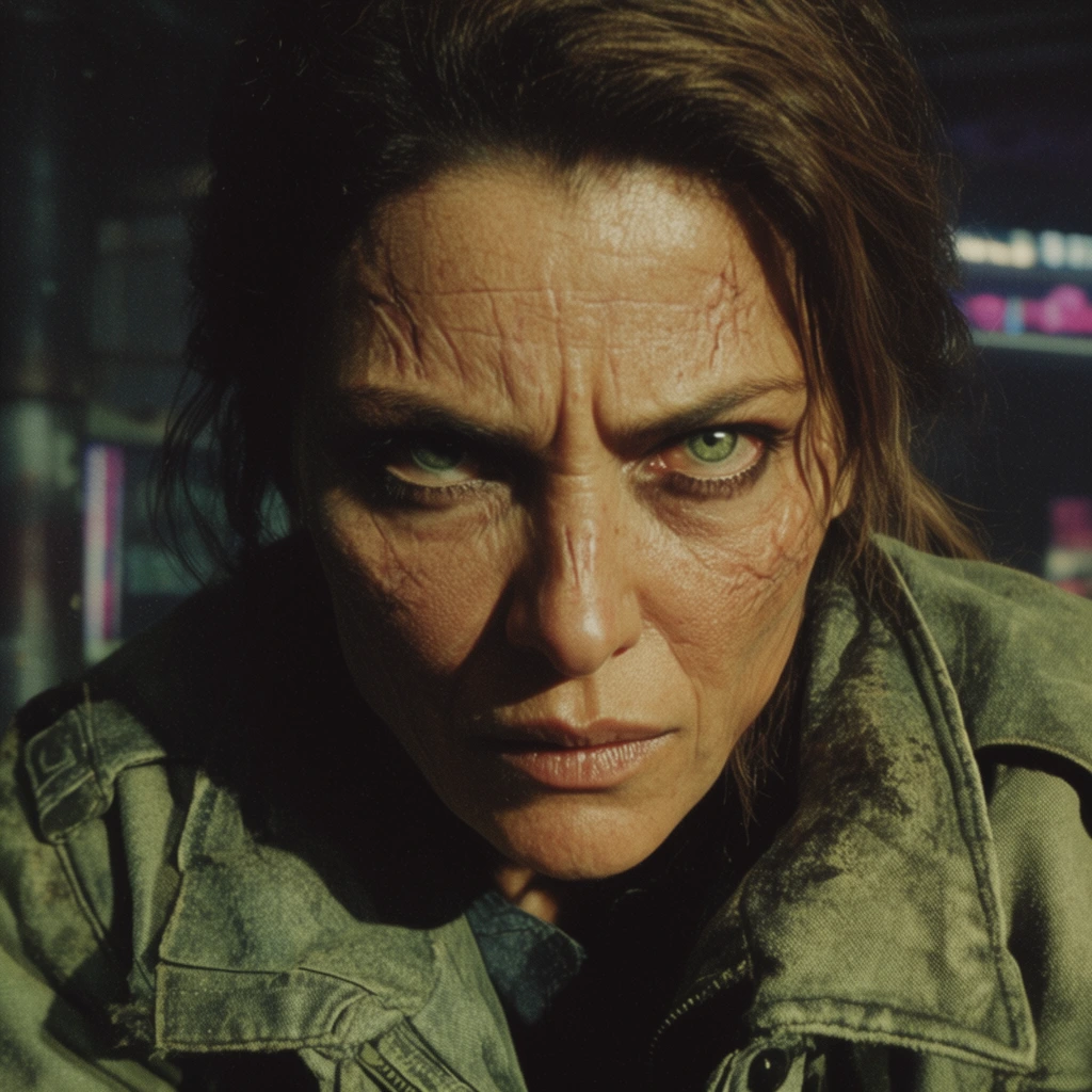 extreme close-up portrait of a fierce middle-aged woman with deep facial scars and piercing green eyes, intense relentless glare, thick heavy canvas jacket in faded olive green, dark blurred industrial background with faint neon lights, cinematic 35mm vintage film aesthetic, anamorphic widescreen, harsh dramatic lighting casting deep shadows, high contrast, gritty film grain, muted color palette