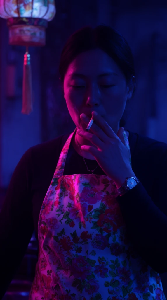 A woman smokes a cigarette in a heavily shadowed room illuminated by intense neon pink and deep blue lighting. The East Asian woman has dark hair pulled back and eyes cast downward, her right hand bringing the cigarette to her lips. She wears a dark long-sleeved shirt beneath a white apron covered in vibrant pink, red, and green floral patterns, accessorized with a silver watch and a thin necklace. In the blurred background, a traditional hanging lantern with a long tassel glows faintly. The cinematic photography employs a neon-noir aesthetic and medium close-up framing. Stylized dual-tone lighting casts sharp magenta highlights across her face and apron while leaving the opposite side in heavy indigo shadows, utilizing a shallow depth of field to isolate the figure.
