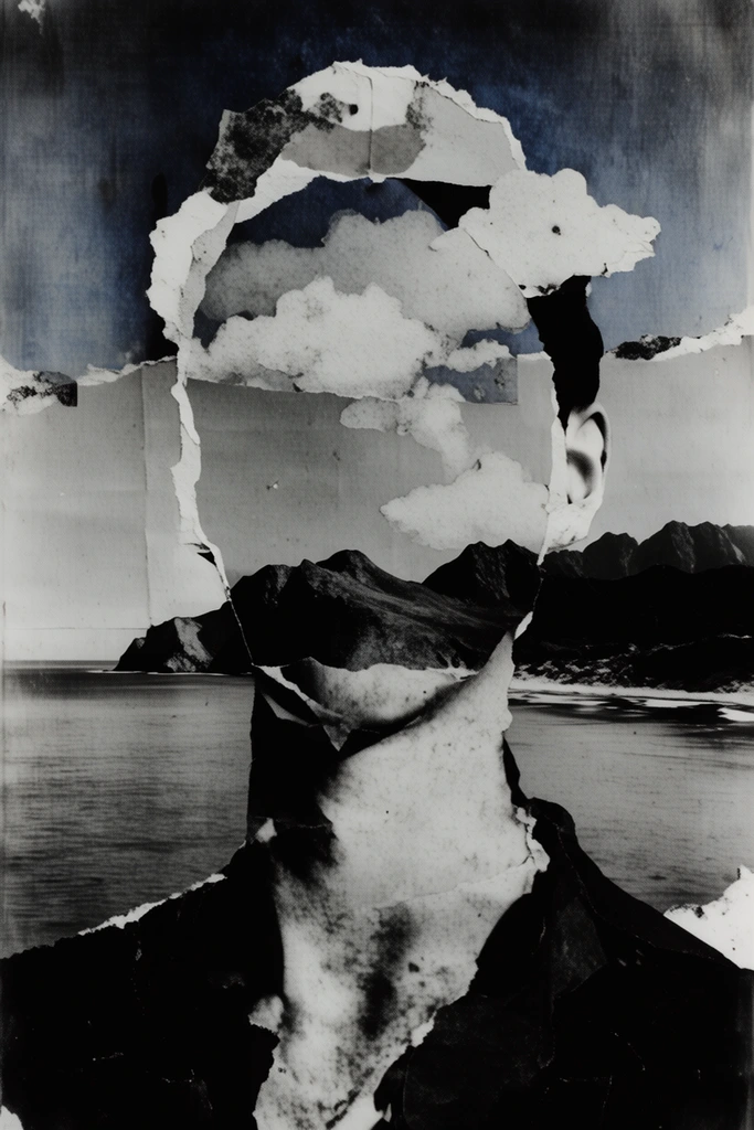 Fragmented Monochrome Collage style AI image example 2