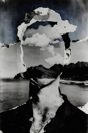 Fragmented Monochrome Collage style reference image — high-contrast monochrome