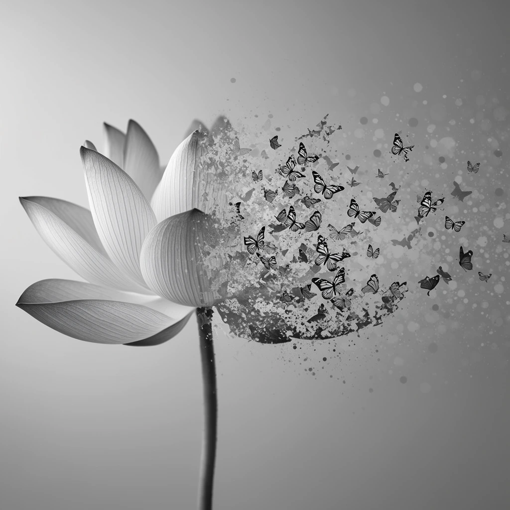 A monochrome surrealist composition of a lotus flower disintegrating into a dynamic swarm of butterflies. The left side features intact, gently curved petals with delicate veining attached to a slender stem. The right side of the bloom shatters outward, dissolving into a horizontal trail of tiny winged insects and abstract circular splatters. Distinct striped butterfly silhouettes emerge from the crumbling floral matter, blending into a fading particle cloud. A smooth gray gradient background softly illuminates the central subject. Diffused lighting highlights the organic textures of the petals and the sharp contrast of the dispersion effect.
