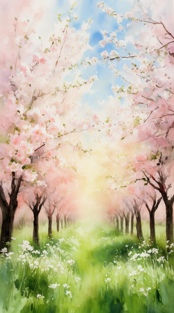 watercolor painting of a blooming cherry orchard, rows of dark trunks supporting soft pink and white floral canopies, bright green grassy path dotted with white wildflowers, atmospheric sunlight glowing at the central vanishing point, blue sky through branches, loose brushstrokes, dreamy pastel spring landscape