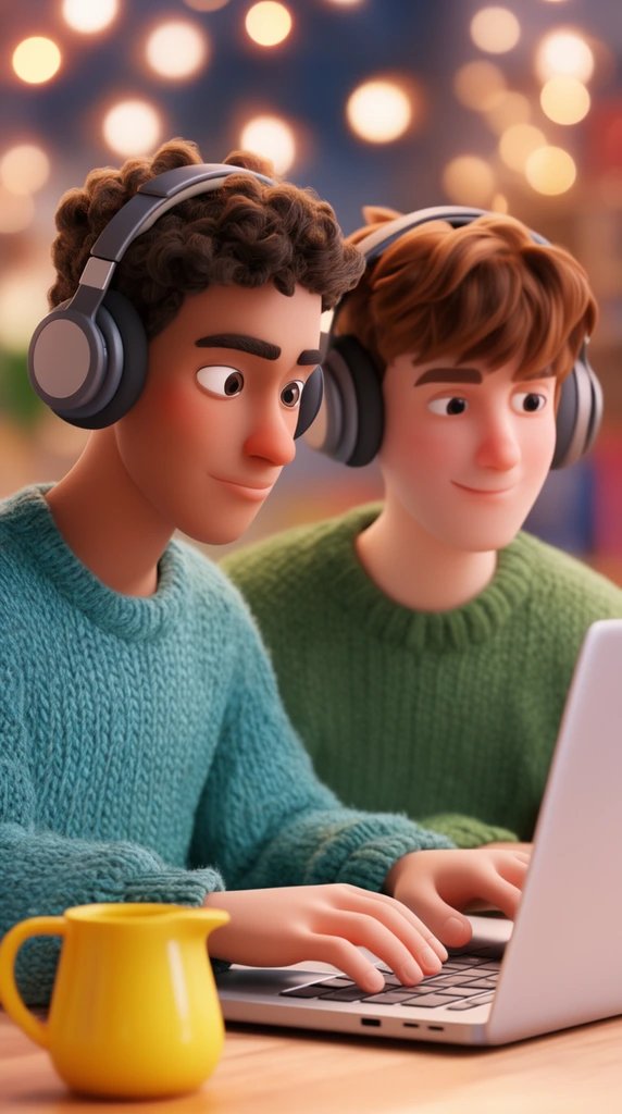 Two 3D animated young men wearing headphones, typing on a silver laptop, textured knit sweaters in teal and green, yellow pitcher foreground, warm bokeh lights, shallow depth of field, soft 3D rendering