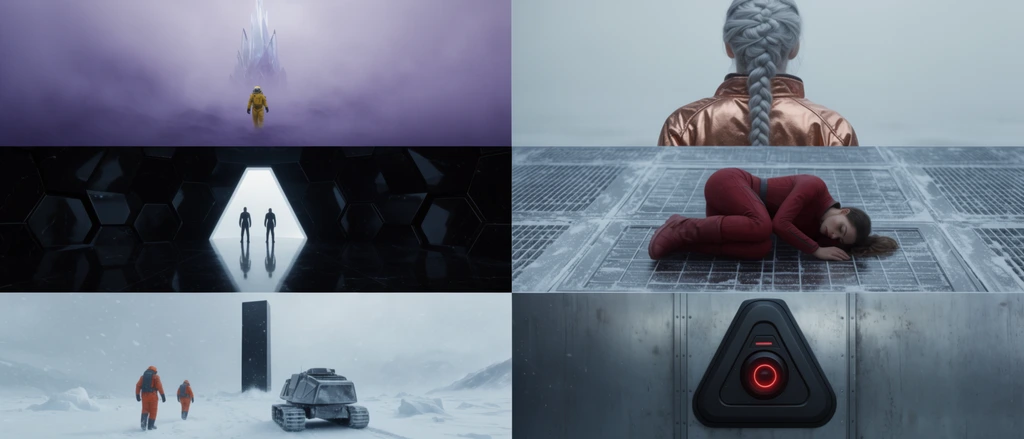 A six-panel cinematic collage featuring a cold, minimalist sci-fi aesthetic. The top-left shows a lone figure in a yellow spacesuit navigating dense violet mist toward a crystalline spire. The top-right displays a close-up from behind of a person with braided silver hair in a metallic copper jacket. The middle-left reveals a vast hexagonal room of polished obsidian, with two silhouetted figures standing in a glowing triangular archway. In the middle-right, a woman in a red suit lies curled on a frosted metallic grid. The bottom-left depicts two figures in orange hazard gear approaching a treaded arctic crawler near a towering black monolith during a blizzard. The bottom-right focuses on a matte-black triangular access terminal with a glowing crimson lens on a steel bulkhead. The lighting is diffuse and atmospheric.