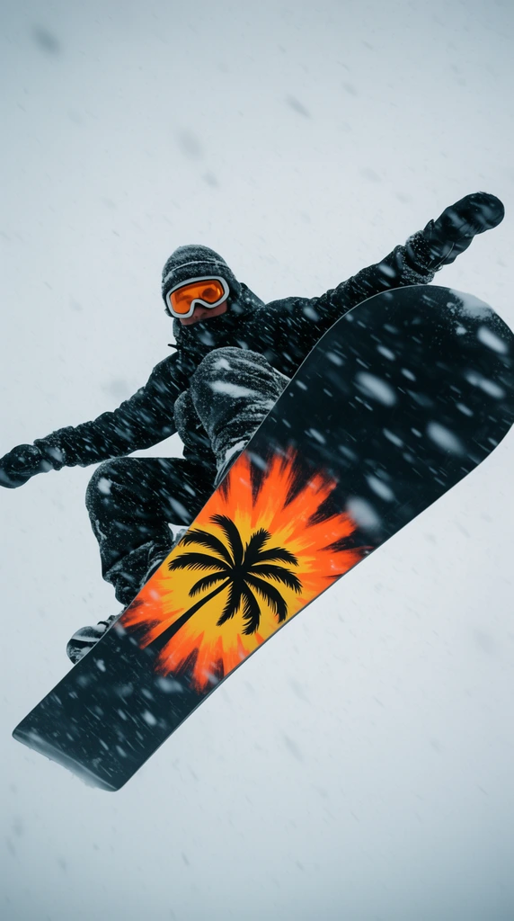 A snowboarder leaps mid-air against a flat pale gray sky in a heavy blizzard. Shot from directly below, thick blurred snowflakes streak across the foreground. The rider wears dark winter gear and orange goggles, grabbing a black snowboard whose base features a vibrant orange and yellow sunburst surrounding a black palm tree silhouette.