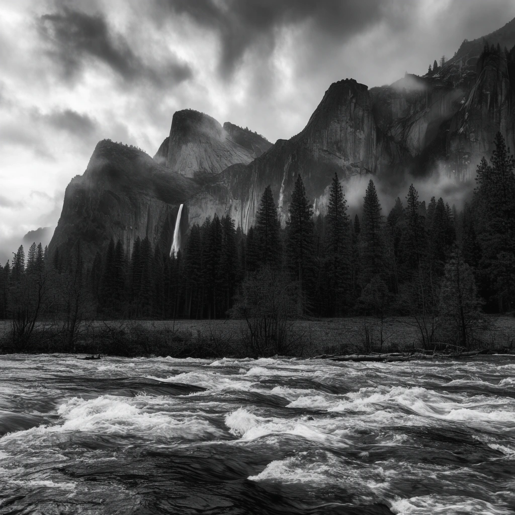 rushing mountain river, dense dark pine forest, towering granite cliffs with a tall thin waterfall, dramatic cloudy sky, lingering mist, wide-angle black and white landscape photography, high contrast monochrome