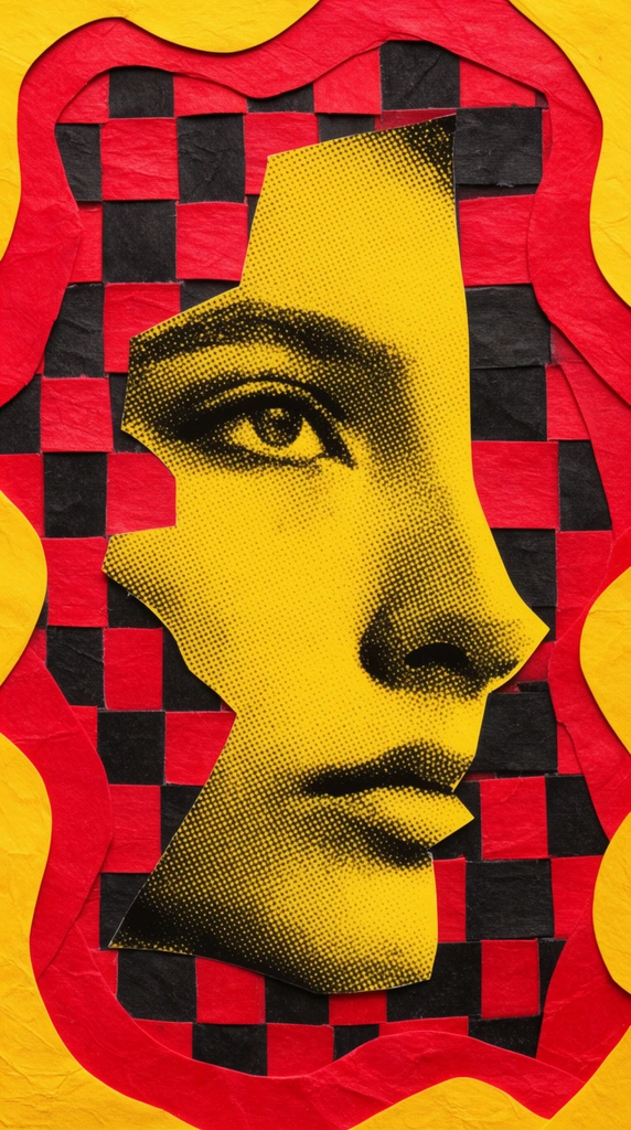 mixed media paper collage, yellow and black halftone portrait framed by wavy red and yellow cutouts, woven black and red paper checkerboard overlaid with a fragmented yellow halftone profile face, tactile pop art aesthetic, high contrast
