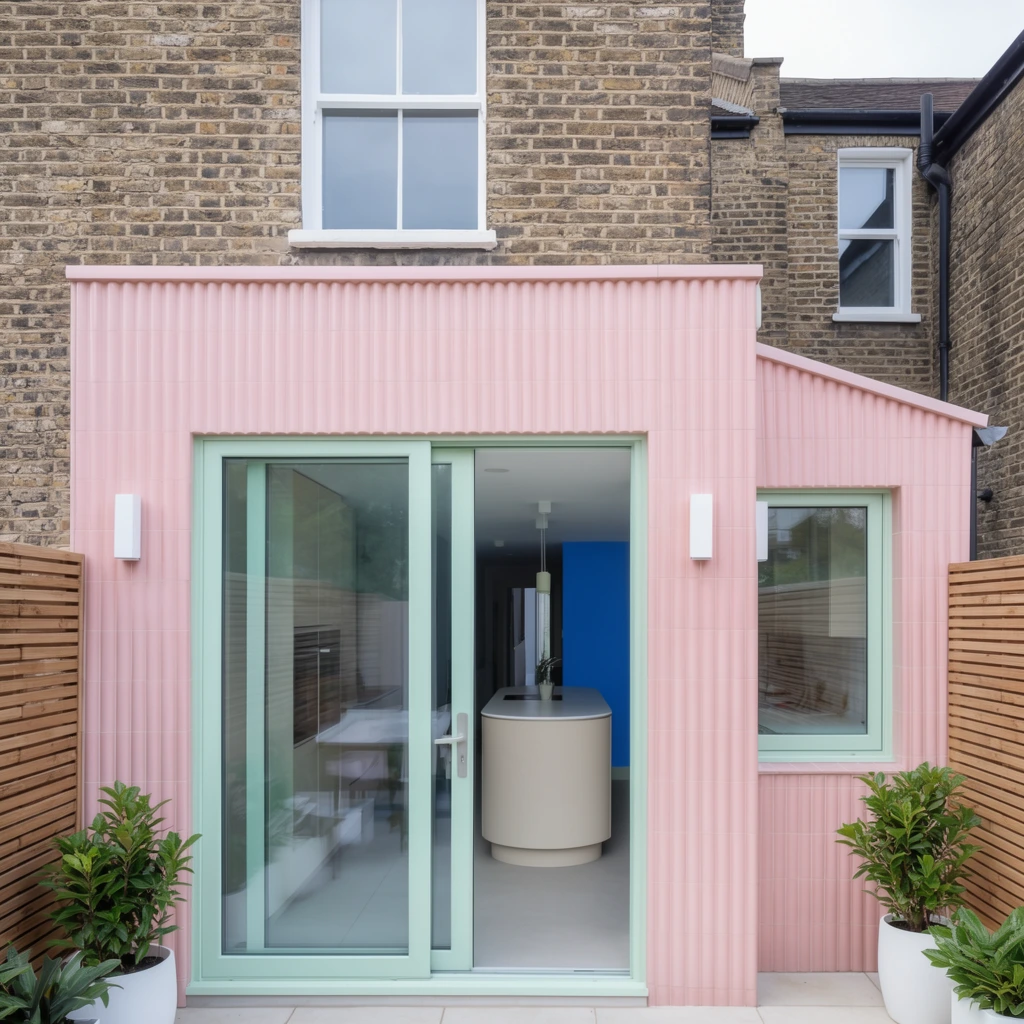 A contemporary architectural extension featuring a distinctive facade of vertically ribbed pastel pink tiles, built against a weathered brown brick house. Large sliding glass doors and a side window, both framed in pale mint green, reveal a modern interior with a curved kitchen island and a bold blue wall. Symmetrical white rectangular sconces mount directly onto the pink exterior. The foreground includes a paved patio bordered by horizontal wooden slat fencing and accented with leafy green potted plants in white planters. The precise frontal perspective captures the soft pastel color palette under even, diffused daylight.