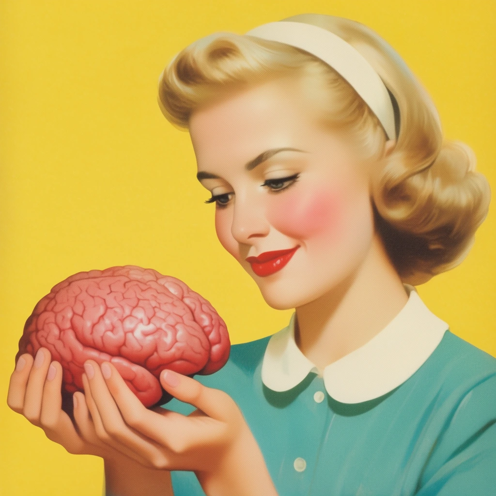 young woman in 1950s retro style holding a human brain, cupping a pinkish-red textured brain carefully in both hands, blonde hair in vintage waves, white headband, teal blouse with rounded white collar, soft gentle smile, red lipstick, rosy cheeks, looking down, solid bright yellow background, smooth airbrushed illustration, vintage advertising aesthetic, surreal pop art