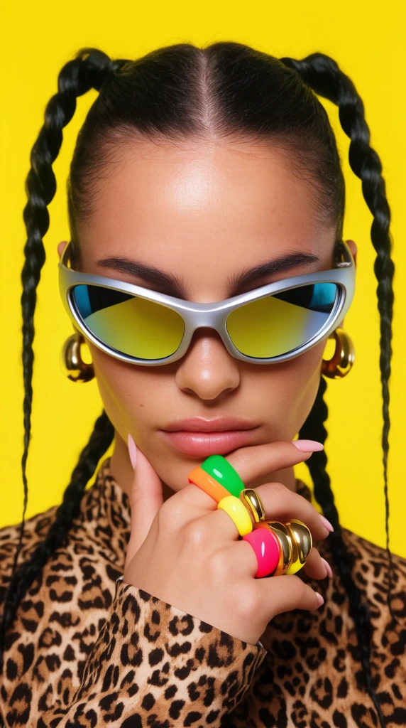 Close-up portrait of a woman, futuristic silver sunglasses with mirrored lenses, stiff outward braids, hand on chin with chunky neon and gold rings, leopard print, solid bright yellow background, retro-futuristic y2k aesthetic