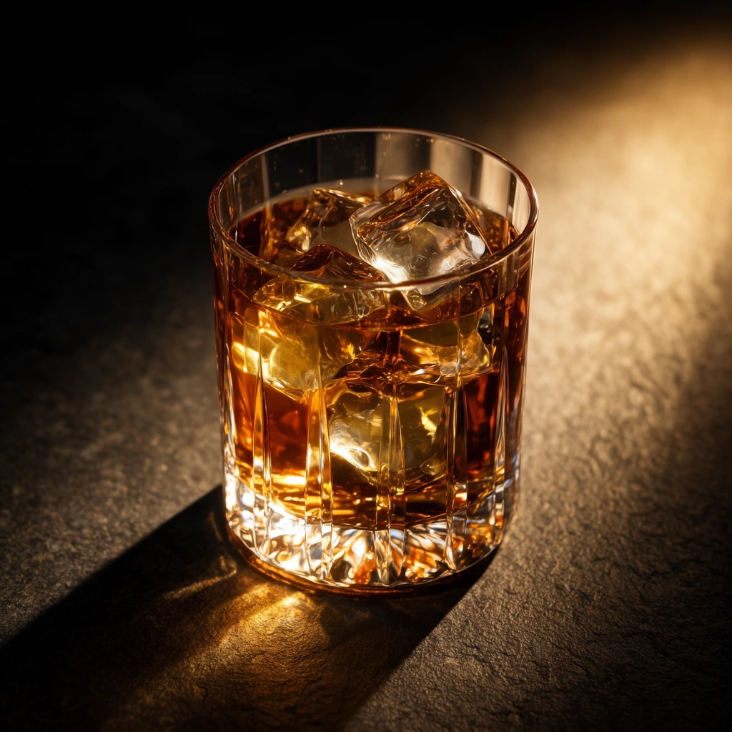 Crystal rocks glass filled with amber liquid and large chunky ice cubes, textured dark stone surface, strong warm directional spotlight illuminating the drink, glowing golden refractions through the faceted tumbler base, sharp elongated dark shadow cast to the left, dramatic high contrast lighting, shallow depth of field, moody cinematic atmosphere, macro product photography, rich palette of deep brown and gold