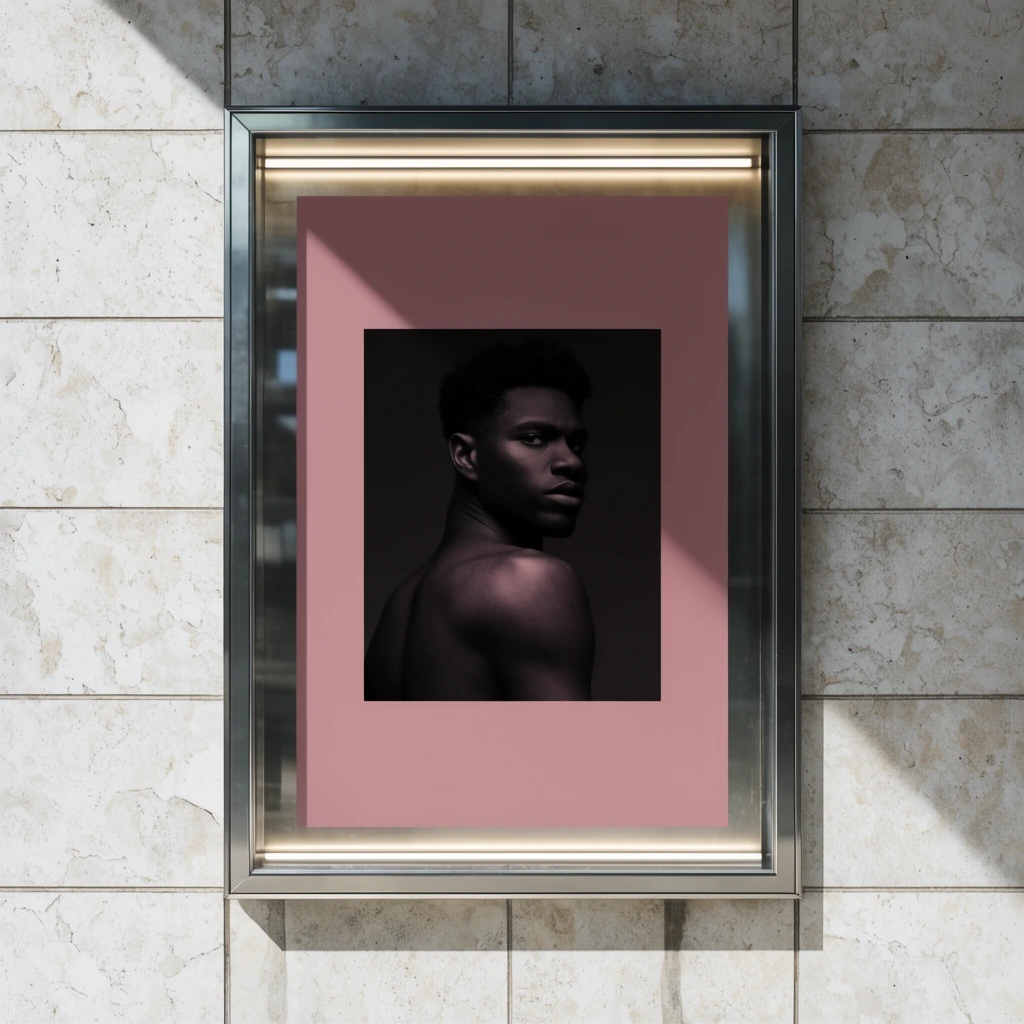 A dusty rose poster inside an illuminated metallic display case embedded in a pale, textured stone-tiled wall. The minimalist poster features a square, high-contrast dark portrait of a bare-shouldered man looking backward. A stark diagonal shadow slices across the case and poster.