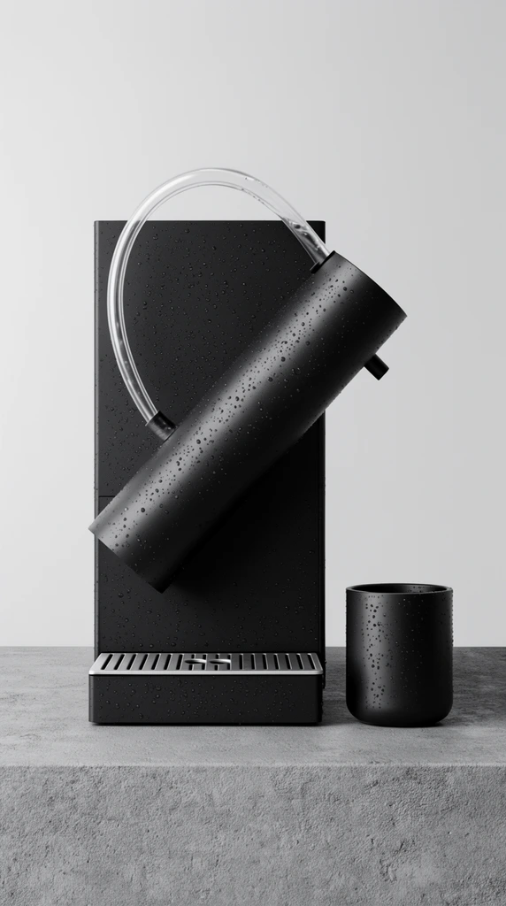 A minimalist matte black geometric appliance sits on a rough concrete surface against a seamless pale grey backdrop. The stark device features a vertical rectangular body intersected by a prominent diagonal cylinder, both coated in fine condensation droplets. A clear, curved plastic tube loops from the top of the angled cylinder down into the side of the main unit. A smaller black cylindrical cup rests to the right. The base features a slotted silver metallic drip tray. Diffused studio lighting highlights the textured water droplets and the stark brutalist design.