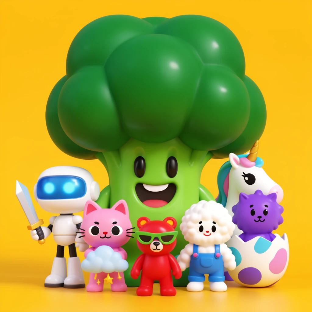 glossy 3D cartoon mascots on a solid yellow background, giant smiling green broccoli character towering over small diverse figures, white robot with blue visor holding a sword, pink cat holding a storm cloud, red bear in green sunglasses, fluffy white figure in blue overalls, purple creature in a spotted egg, white unicorn, vinyl toy aesthetic, bright vibrant colors, smooth plastic textures, studio lighting, crisp 3D render